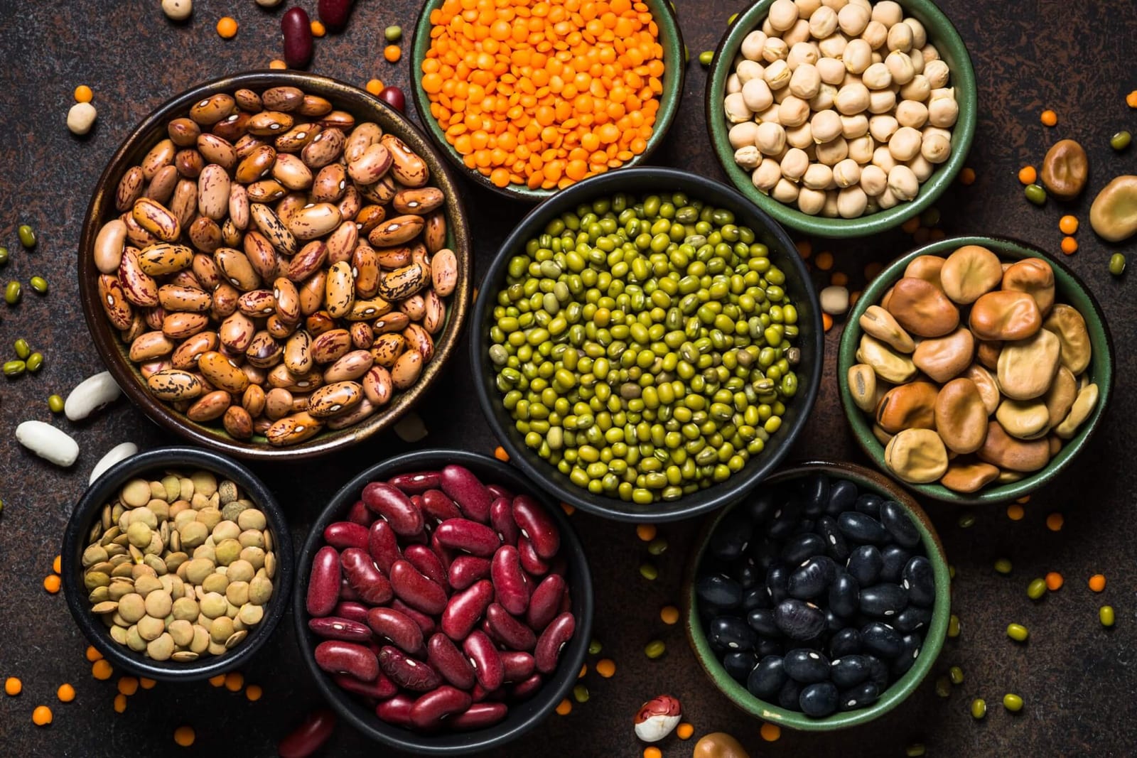 several bowls containing an assortment of legumes, lentils, and beans for high fiber diabetic crock pot cooking meals