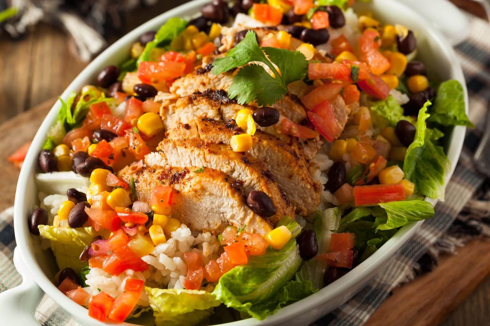 Homemade Mexican Chicken Burrito Bowl with Rice and Beans
