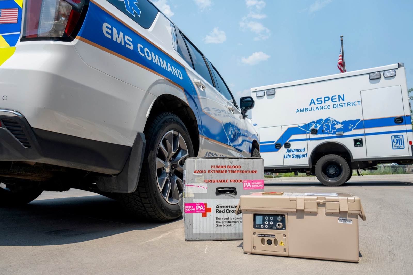 Blood placed in a temperature-controlled cooling unit for storage in the Aspen Ambulance Battalion Chief vehicle.