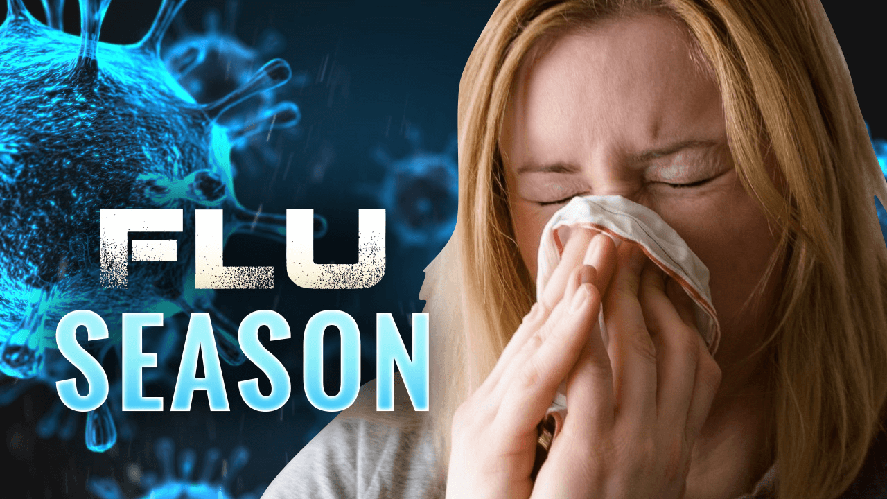 Flu virus and woman blowing nose with word art