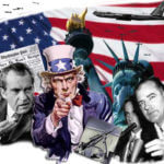 Politcal symbols collage on american flag background