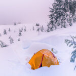 orange tent pitched in winter