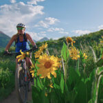 woman biking through flowery field