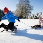 Children playing on sleds in snow