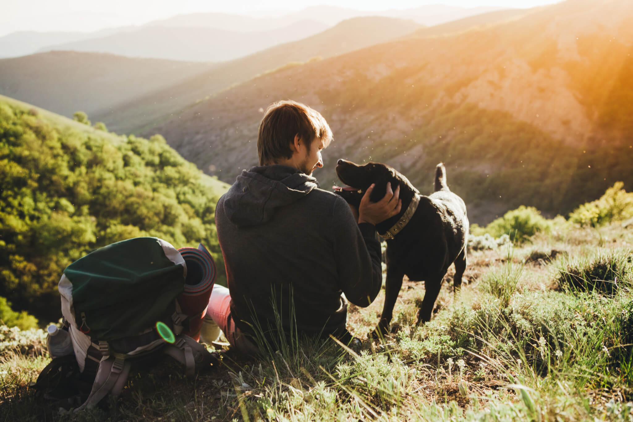 A man and a dog sitting on top of a mountain at sunset - Elevating Men’s Health at Every Age