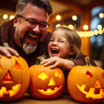 A father and children having fun while carving their halloween pumpkins - it's healthcare not healthscare
