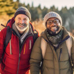 Active middle aged interracial men hiking outdoors, winter season - a movember movement featured image