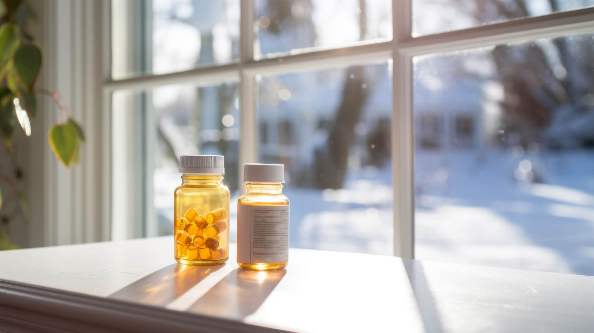 Vitamin D capsules tablets on the windowsill near a snowy winter window. Omega 3 fish oil capsules and a glass bottle. Winter vitamins and supplements.