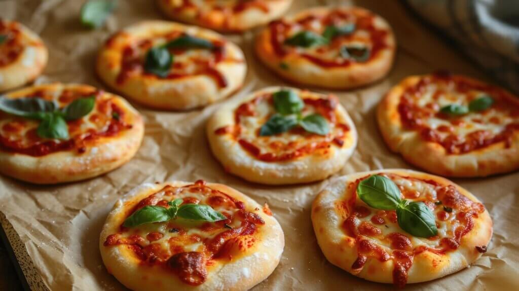 Close-up horizontal view of Italian mini pizzas on parchment paper on a table dinner ideas picky eater