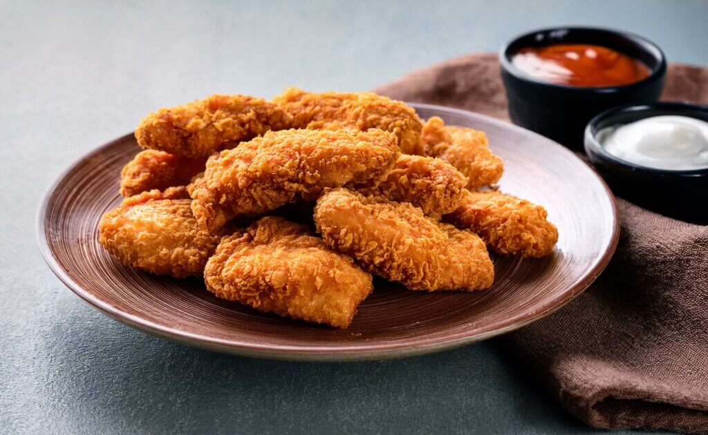 Crispy chicken baked tenders on plate