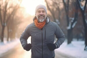 A man running in the snow in a park. Suitable for winter sports and outdoor activities.