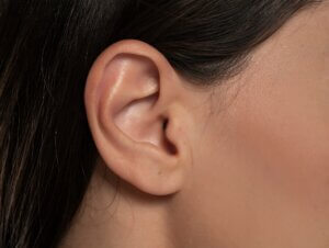 Detail of the head with female human ear and hair close up