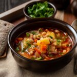 bowl of a fiber-rich bean-forward vegetarian diabetic crock pot cooking recipe in a soup bowl