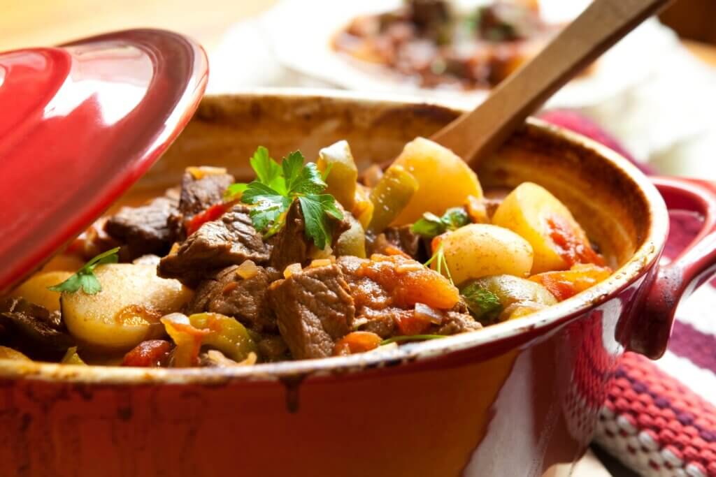 savory beef stew style diabetic crock pot cooking meal with carrots and potatoes mixed in