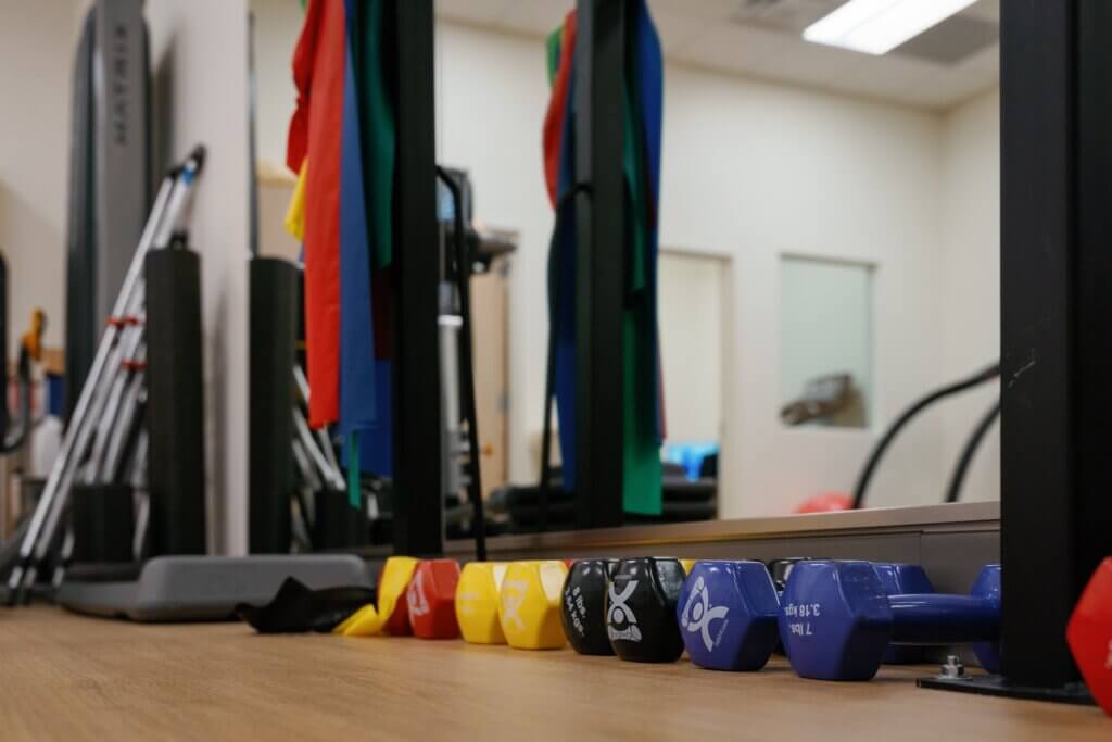 assortment of colorful weights lined up in front of a mirror