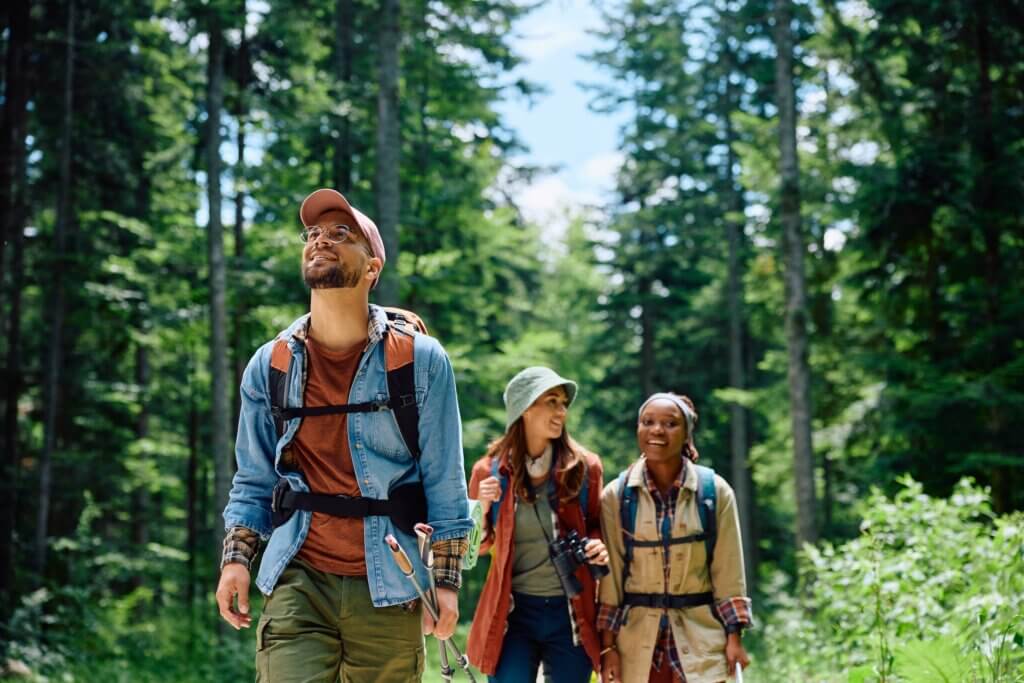 group of three people on a hike in the woods during a digital detoxification vacation