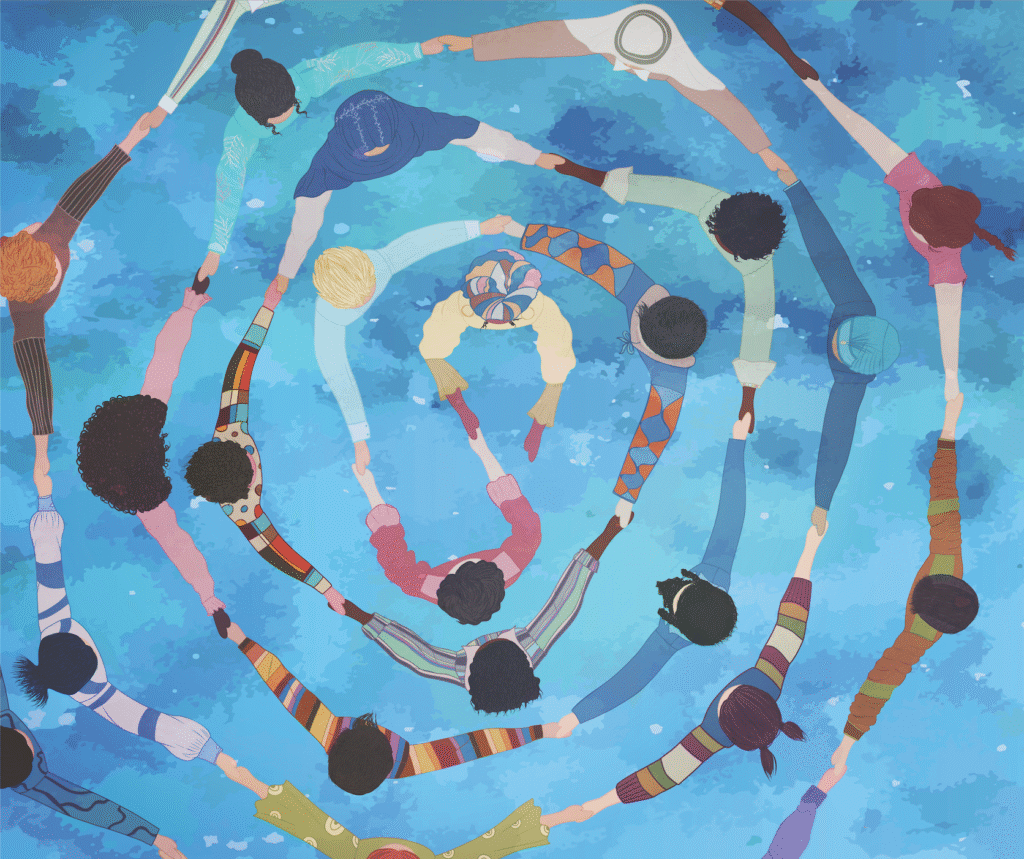 graphic of people holding hands and standing in circles
