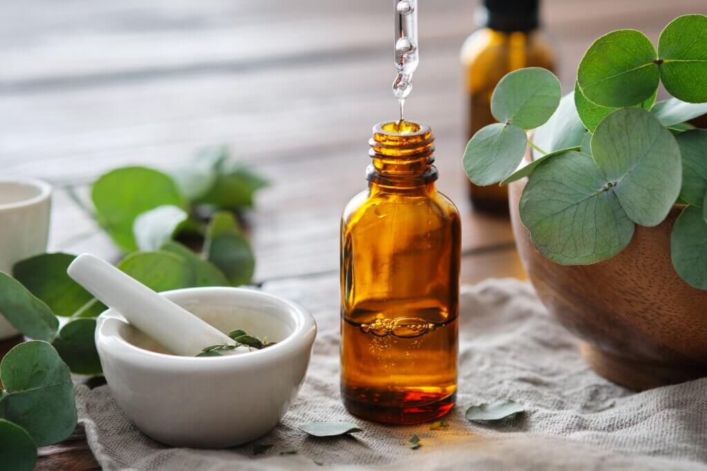 bottle of eucalyptus aromatherapy essential oil for congestion