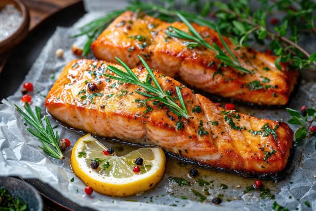 two strips of salmon plated with rosemary and lemon as part of a colon healthy cancer prevention diet